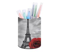 RLDOBOFE PU Leather Eiffel Tower Red Rose Pen Holder Round Pencil Organizer Stand Makeup Brush Stationery Container Desk Accessories Storage Organizer Desktop Box for Office Home