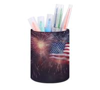 RLDOBOFE PU Leather Firework American Flag Pen Holder Round Pencil Organizer Stand Makeup Brush Stationery Container Desk Accessories Storage Organizer Desktop Box for Office Home