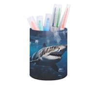 RLDOBOFE PU Leather Great White Shark Pen Holder Round Pencil Organizer Stand Makeup Brush Stationery Container Desk Accessories Storage Organizer Desktop Box for Office Home