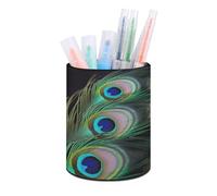 RLDOBOFE PU Leather Green Peacock Feather Pen Holder Round Pencil Organizer Stand Makeup Brush Stationery Container Desk Accessories Storage Organizer Desktop Box for Office Home