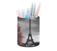 RLDOBOFE PU Leather Grey Paris Eiffel Tower Pen Holder Round Pencil Organizer Stand Makeup Brush Stationery Container Desk Accessories Storage Organizer Desktop Box for Office Home