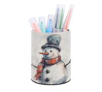 RLDOBOFE PU Leather Hand Drawn Snowman Pen Holder Round Pencil Organizer Stand Makeup Brush Stationery Container Desk Accessories Storage Organizer Desktop Box for Office Home