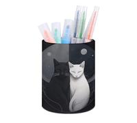 RLDOBOFE PU Leather Hand Drawn Two Cats Pen Holder Round Pencil Organizer Stand Makeup Brush Stationery Container Desk Accessories Storage Organizer Desktop Box for Office Home