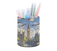 RLDOBOFE PU Leather Hand-painted City Pen Holder Round Pencil Organizer Stand Makeup Brush Stationery Container Desk Accessories Storage Organizer Desktop Box for Office Home
