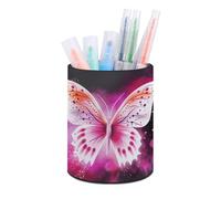 RLDOBOFE PU Leather Pink Butterfly Pen Holder Round Pencil Organizer Stand Makeup Brush Stationery Container Desk Accessories Storage Organizer Desktop Box for Office Home