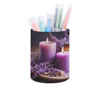 RLDOBOFE PU Leather Purple Lavender with Candles Pen Holder Round Pencil Organizer Stand Makeup Brush Stationery Container Desk Accessories Storage Organizer Desktop Box for Office Home
