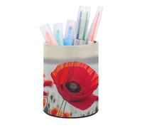 RLDOBOFE PU Leather Red Flower Pen Holder Round Pencil Organizer Stand Makeup Brush Stationery Container Desk Accessories Storage Organizer Desktop Box for Office Home
