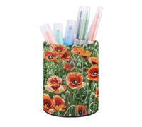 RLDOBOFE PU Leather Red Flowers Leaves Pen Holder Round Pencil Organizer Stand Makeup Brush Stationery Container Desk Accessories Storage Organizer Desktop Box for Office Home