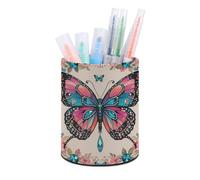RLDOBOFE PU Leather Rhinestone Butterfly Pen Holder Round Pencil Organizer Stand Makeup Brush Stationery Container Desk Accessories Storage Organizer Desktop Box for Office Home