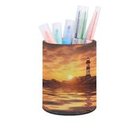 RLDOBOFE PU Leather Sea Lighthouse in Sunset Pen Holder Round Pencil Organizer Stand Makeup Brush Stationery Container Desk Accessories Storage Organizer Desktop Box for Office Home