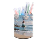 RLDOBOFE PU Leather Sea Lighthouse Sandbeach Pen Holder Round Pencil Organizer Stand Makeup Brush Stationery Container Desk Accessories Storage Organizer Desktop Box for Office Home