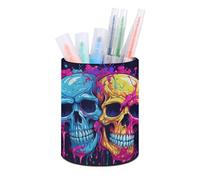 RLDOBOFE PU Leather Two Different Skulls Pen Holder Round Pencil Organizer Stand Makeup Brush Stationery Container Desk Accessories Storage Organizer Desktop Box for Office Home