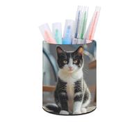 RLDOBOFE PU Leather White And Black Kitten Sitting Pen Holder Round Pencil Organizer Stand Makeup Brush Stationery Container Desk Accessories Storage Organizer Desktop Box for Office Home