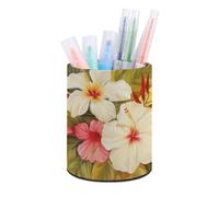 RLDOBOFE PU Leather White Hibiscus Flower Pen Holder Round Pencil Organizer Stand Makeup Brush Stationery Container Desk Accessories Storage Organizer Desktop Box for Office Home