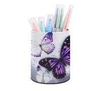 RLDOBOFE PU Leather White Purple Butterflies Pen Holder Round Pencil Organizer Stand Makeup Brush Stationery Container Desk Accessories Storage Organizer Desktop Box for Office Home