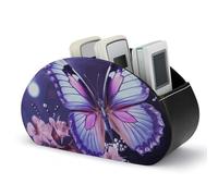 RLDOBOFE Purple Butterfly Remote Control Organizer PU Leather Storage 5 Compartment Controller Holder Multi-functional Brush Organizer Box Office Supplies Caddy for Bedside