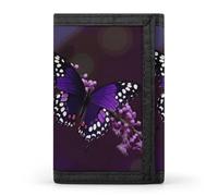 RLDOBOFE Purple Butterfly Trifold Wallet Minimalist Mens Wallet with Key Hook 8 Card Slots Modern Stylish Polyester Security Wallets Fashion Slim Credit Card Holder Id Window