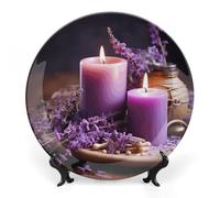 RLDOBOFE Purple Lavender with Candles Decorative Plate Ceramic Display Plate with Stand Salad Plates Colorful Porcelain Dinner Dishes Dessert Appetizer Dishes for Kitchen Party Table Decor 8inch