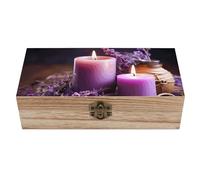 RLDOBOFE Purple Lavender with Candles Wooden Keepsake Box with Lids Wood Storage Box with A Hinged Lid Decorative Boxes Table Large Rectangular Organizer Container for Jewelry Photos Craft