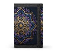 RLDOBOFE Purple Mandala Art Trifold Wallet Minimalist Mens Wallet with Key Hook 8 Card Slots Modern Stylish Polyester Security Wallets Fashion Slim Credit Card Holder Id Window