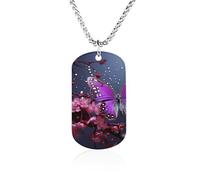 RLDOBOFE - Purple Plum Butterfly Pendant Personalized Military Tag Pendant with Box Chain Memorial Photo Jewelry Gift for Men Women Husband