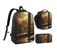 RLDOBOFE Rain Hits the Window Backpack Set 3 PCS - 17 Inch Laptop Backpack with Lunch Bag, Waterproof Daypack Insulated Lunch Box Large Capacity Coin Pouch Personalized Gift