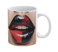 RLDOBOFE Red And Black Lips Ceramic Coffee Mug, 11.2 Oz Tea Cup with Handle, Coffee Cup for Latte Hot Tea Cappuccino Mocha Cocoa