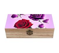 RLDOBOFE Red And Purple Roses Wooden Keepsake Box with Lids Wood Storage Box with A Hinged Lid Decorative Boxes Table Large Rectangular Organizer Container for Jewelry Photos Craft