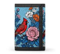 RLDOBOFE Red Bird And Flower Trifold Wallet Minimalist Mens Wallet with Key Hook 8 Card Slots Modern Stylish Polyester Security Wallets Fashion Slim Credit Card Holder Id Window