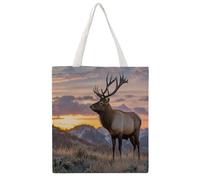 RLDOBOFE Red Deer Bull Elk Sunset Canvas Tote Bags, Reusable Grocery Bag with Handle, Shoulder Bag for Shopping Beach Storage Travel Gift