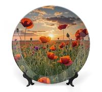 RLDOBOFE Red Flower Field in Sunset Decorative Plate Ceramic Display Plate with Stand Salad Plates Colorful Porcelain Dinner Dishes Dessert Appetizer Dishes for Kitchen Party Table Decor 10inch