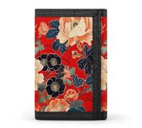 RLDOBOFE Red Flower Trifold Wallet Minimalist Mens Wallet with Key Hook 8 Card Slots Modern Stylish Polyester Security Wallets Fashion Slim Credit Card Holder Id Window
