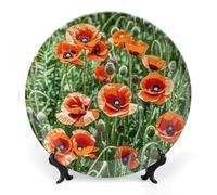 RLDOBOFE Red Flowers Leaves Decorative Plate Ceramic Display Plate with Stand Salad Plates Colorful Porcelain Dinner Dishes Dessert Appetizer Dishes for Kitchen Party Table Decor 10inch