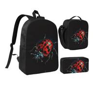RLDOBOFE Red Ladybug Pattern Backpack Set 3 PCS - 17 Inch Laptop Backpack with Lunch Bag, Waterproof Daypack Insulated Lunch Box Large Capacity Coin Pouch Personalized Gift