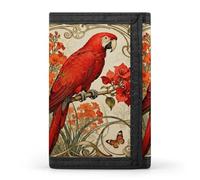 RLDOBOFE Red Parrot Trifold Wallet Minimalist Mens Wallet with Key Hook 8 Card Slots Modern Stylish Polyester Security Wallets Fashion Slim Credit Card Holder Id Window