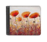 RLDOBOFE Red Poppy Flowers Wallet Passcase for Men, Extra Capacity Bifold Leather Wallets with ID Windows, Slim Stylish Wallet for Gift, Blocking Money Clip for Cards, Coin Pouch
