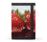 RLDOBOFE Red Strawberry Fruit Trifold Wallet Minimalist Mens Wallet with Key Hook 8 Card Slots Modern Stylish Polyester Security Wallets Fashion Slim Credit Card Holder Id Window