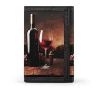 RLDOBOFE Red Wine And Bottle Trifold Wallet Minimalist Mens Wallet with Key Hook 8 Card Slots Modern Stylish Polyester Security Wallets Fashion Slim Credit Card Holder Id Window