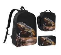 RLDOBOFE Reptile Monitor Lizard Backpack Set 3 PCS - 17 Inch Laptop Backpack with Lunch Bag, Waterproof Daypack Insulated Lunch Box Large Capacity Coin Pouch Personalized Gift
