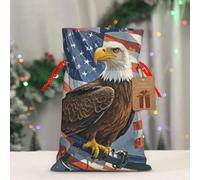 RLDOBOFE Reusable Gift Wrapping Bag for Holiday Party FavorsAmerica Flag and Eagle Christmas Gift Bag Burlap Xmas Drawstring Gift Sack with Tag & Tie, Medium Christmas Bags for Gifts