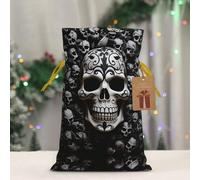 RLDOBOFE Reusable Gift Wrapping Bag for Holiday Party FavorsBlack and white skulls Christmas Gift Bag Burlap Xmas Drawstring Gift Sack with Tag & Tie, Small Christmas Bags for Gifts