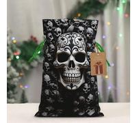 RLDOBOFE Reusable Gift Wrapping Bag for Holiday Party FavorsBlack and white skulls Christmas Gift Bag Burlap Xmas Drawstring Gift Sack with Tag & Tie, Medium Christmas Bags for Gifts