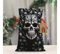 RLDOBOFE Reusable Gift Wrapping Bag for Holiday Party FavorsBlack and white skulls Christmas Gift Bag Burlap Xmas Drawstring Gift Sack with Tag & Tie, Small Christmas Bags for Gifts