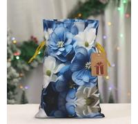 RLDOBOFE Reusable Gift Wrapping Bag for Holiday Party FavorsBlue White Flower Christmas Gift Bag Burlap Xmas Drawstring Gift Sack with Tag & Tie, Medium Christmas Bags for Gifts