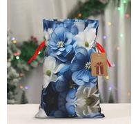 RLDOBOFE Reusable Gift Wrapping Bag for Holiday Party FavorsBlue White Flower Christmas Gift Bag Burlap Xmas Drawstring Gift Sack with Tag & Tie, Small Christmas Bags for Gifts