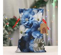 RLDOBOFE Reusable Gift Wrapping Bag for Holiday Party FavorsBlue White Flower Christmas Gift Bag Burlap Xmas Drawstring Gift Sack with Tag & Tie, Medium Christmas Bags for Gifts