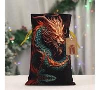 RLDOBOFE Reusable Gift Wrapping Bag for Holiday Party FavorsChinese Dragon Christmas Gift Bag Burlap Xmas Drawstring Gift Sack with Tag & Tie, Small Christmas Bags for Gifts