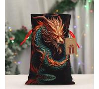 RLDOBOFE Reusable Gift Wrapping Bag for Holiday Party FavorsChinese Dragon Christmas Gift Bag Burlap Xmas Drawstring Gift Sack with Tag & Tie, Medium Christmas Bags for Gifts