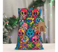 RLDOBOFE Reusable Gift Wrapping Bag for Holiday Party FavorsColorful Skulls Print Christmas Gift Bag Burlap Xmas Drawstring Gift Sack with Tag & Tie, Small Christmas Bags for Gifts