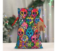 RLDOBOFE Reusable Gift Wrapping Bag for Holiday Party FavorsColorful Skulls Print Christmas Gift Bag Burlap Xmas Drawstring Gift Sack with Tag & Tie, Medium Christmas Bags for Gifts